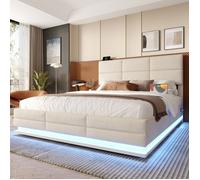 Lit rembourrée double 160x200 cm Lit coffre Lit capitonné en velours avec éclairage LED rangement - beige