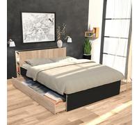 Lit Riga 140x190cm + tête de lit + 2 tiroirs/Décor Noir et Chêne Blanchi