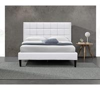Lit riley pour matelas 140x200 - Sommier + Tête de Lit Capitonnee Couleur BLANC + Pieds en 16 cm pour matelas - 2 x 13 Lattes - revetement PVC Simili facile d'entretien - Montage Rapide et Facile