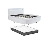 Lit rond 160 x 200 cm - Avec LEDs - Simili - Blanc + Matelas - ABULIS III