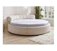 Lit rond 220 x 220 cm - Tissu bouclette - Blanc + Matelas - ROGILA