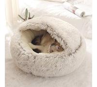 Lit Rond Moelleux pour Chat - en Peluche Douce - avec Capuche - pour l'hiver - Antidérapant - Lavable en Machin,Café,60 cm