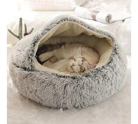 Lit Rond Moelleux pour Chat - en Peluche Douce - avec Capuche - pour l'hiver - Antidérapant - Lavable en Machin,Gris,50 cm