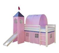 Homestyle4u 2561 - Lit mezzanine en bois blanc - 90 x 200 cm - Rideau rose - Échelle - Toboggan - Tour - Tunnel - Sommier à lattes - Matelas
