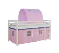 Lit mezzanine pour enfants 90 x 200 cm blanc avec rideau rose en forme de tunnel avec sommier à lattes avec matelas