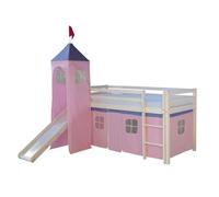 Lit mezzanine pour enfants 90 x 200 cm blanc avec rideau rose Toboggan Tour Avec sommier à lattes