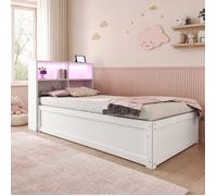 Lit simple 1 place - ZEVKOR - 90×200 cm - 4 rangements - LED intégrée - Prise multifonction