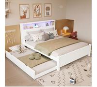 Lit Simple 120x200 Blanc avec Tête Éclairée LED, Prise USB Intégrée, Rangements et Lit Gigogne 90x190 à Roulettes