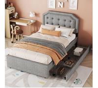 Lit simple 90×200 cm Lit coffre 1 personne Table de chevet avec clous décoratifs, double 2 tiroirs, gris