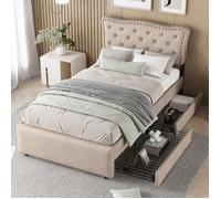 Lit simple 90×200 cm Lit coffre 1 personne Table de chevet rembourrée avec rivets décoratifs, double tiroirs, beige foncé