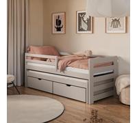 Lit simple 90 x 200 cm avec lit gigogne 90 x 190 cm, deux tiroirs, protection anti-chute, sommier à lattes, bois massif cachemire, fonctionnel pour enfant 4-18 ans