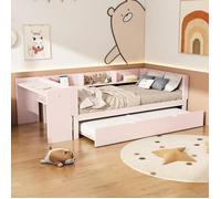Lit simple 90 x 200 cm avec lit gigogne, lit enfant, cadre de lit avec bureau, étagère à trois niveaux à côté du lit, rose