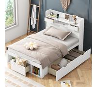 Lit simple, 90 x 200 cm, avec port USB, tiroirs et armoire de rangement, lit d'enfant, lit d'adolescent, lit multifonction, grand espace de rangement, avec adaptateur standard européen, sans matelas