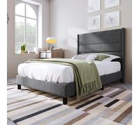 Lit Simple 90 x 200 cm avec Tête de Lit Capitonnée, Cadre en Lin Gris, Sommier Inclus, Design Moderne et Élégant, Confort Mi-Ferme, sans Matelas