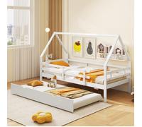 Lit Simple 90 X 200 Cm Costway, Structure De Lit Avec Lit Gigogne 90x200cm, Forme De Maison, Cadre En Bois, Garde-Corps De Sécurité Multicolore