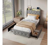 Lit simple 90 x 200 cm, moderne, rembourré, avec éclairage LED et fonction de charge USB, espace de rangement, avec 2 tiroirs et sommier à lattes, dossier, sans matelas (gris + flanelle)
