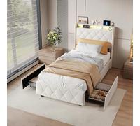 Lit simple 90 x 200 cm, moderne, rembourré, avec éclairage LED et fonction de charge USB, espace de rangement, avec 2 tiroirs et sommier à lattes, dossier, sans matelas (beige + flanelle)
