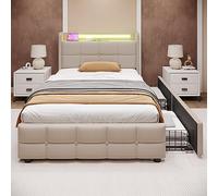 Lit simple 90 x 200 cm, rembourré, avec fonction de charge USB, tête de lit et éclairage LED et 2 tiroirs, coffre de rangement, sommier à lattes en bois, beige (sans matelas)
