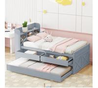 Lit Simple 90x190 cm - Lit Junior avec Tiroir Coulissant et Table de Chevet avec Étageres, Prise USB - Bois Massif - Gris