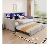 Lit simple 90x190cm, tête de lit avec compartiments de rangement, rembourré 1 place avec lumineuse LED et port USB, Canapé-lit 90/180x190 avec lit gigogne, velours,gris clair (matelas non inclus)