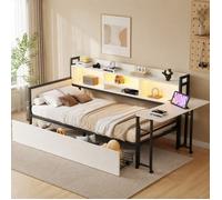 Lit simple 90x200 avec LED, 2 tiroirs, bureau escamotable, prise multifonction et rangement en métal blanc VEVXYN