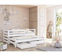 Lit Simple 90x200 avec lit gigogne 90x190 avec Deux tiroirs, Protection Contre Les Chutes et sommiers à Lattes, Bois Massif en Blanc, lit Fonctionnel pour Enfants