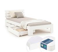 Lit Simple 90x200 Blanc 2 Tiroirs Matelas à Ressorts H3 Sommier Bois Homestyle4u