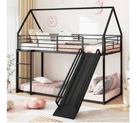 Lit Simple 90x200 Cm À Profil Bas Costway, Forme De Maison, Toboggan Échelle Convertibles, Barrière De Sécurité, Sans Sommier, Noir Multicolore