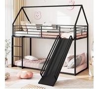 Lit Simple 90x200 cm à Profil Bas COSTWAY, Forme de Maison, Toboggan Échelle Convertibles, Barrière de Sécurité, sans Sommier, Noir