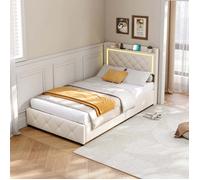 Lit simple 90x200 cm velours beige avec LED et USB, 2 tiroirs, cadre avec sommier à lattes pour adulte et ado, sans matelas