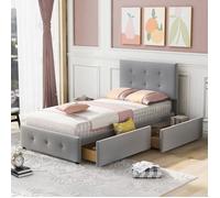 Lit simple 90x200cm avec sommier à lattes, lit enfant en Tissu velours agréable à la peau, avec dossier et deux tiroirs