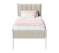 Lit Simple avec Structure en Acier, 90 x 190 cm, Chambre, Tête de Lit Capitonnée, Montage Rapide, Beige