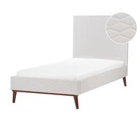 Lit Simple avec Tête de Lit à Lattes 90 x 200 cm en Velours Blanc Cassé Bayonne