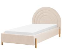 Lit Simple Beige en Velours 90 x 200 cm avec Tête de Lit Ronde Style Rétro Anet