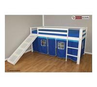 Homestyle4u Lit Simple Blanc 90x200 en Hauteur avec echelle et Rideau Bleu et toboggan