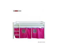 Lit Simple Blanc 90x200 En Hauteur Avec Echelle Et Rideau Rouge
