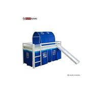 Lit Simple Blanc 90x200 En Hauteur Avec Echelle Rideau Et Tunnel Bleu Et Toboggan