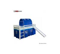 Lit Simple Blanc 90x200 en hauteur avec echelle Rideau et Tunnel Bleu et toboggan