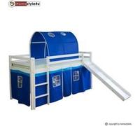 Lit Simple Blanc 90x200 en hauteur avec echelle Rideau et Tunnel Bleu et toboggan