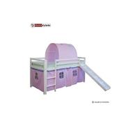 Lit Simple Blanc 90x200 En Hauteur Avec Echelle Rideau Et Tunnel Rose Et Toboggan