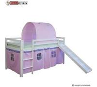 Lit Simple Blanc 90x200 En Hauteur Avec Echelle Rideau Et Tunnel Rose Et Toboggan