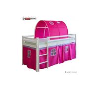 Lit Simple Blanc 90x200 En Hauteur Avec Echelle Rideau Et Tunnel Rouge