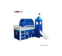 Lit Simple Blanc 90x200 En Hauteur Avec Echelle Rideau Tour Tunnel Bleu Et Toboggan