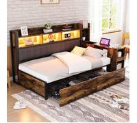 Lit simple - Canapé fer 90x200 - Rangements intégrés - Bureau escamotable - LED et prises