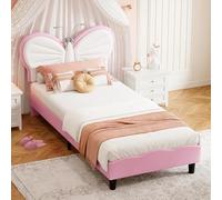 Lit simple capitonné 90 x 200 cm avec LED et sommier à lattes, lit enfant, lit fille, tête de lit réglable avec motif papillon, lit jeunesse, tissu velours doux pour la peau (blanc et rose A)