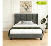 Lit Simple Capitonnée 90 x 200 cm avec Haut Tête de Lit en Lin, Pieds de Support renforcés - Lattes de lit épaissies, Bois Massif