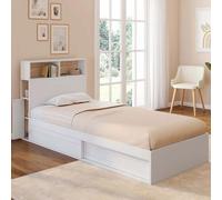 IDMarket – Lit simple Clem avec rangement, tête de lit et sommier 90 x 190 cm blanc et hêtre
