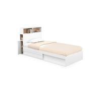 Lit simple CLEM avec rangement, tête de lit et sommier 90 x 190 cm blanc et hêtre