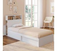 Lit Simple Clem Avec Rangement, Tête De Lit Et Sommier 90 X 190 Cm Blanc Et Hêtre Blanc