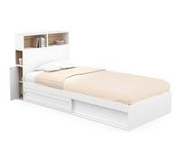 IDMarket – Lit simple Clem avec rangement, tête de lit et sommier 90 x 190 cm blanc et hêtre